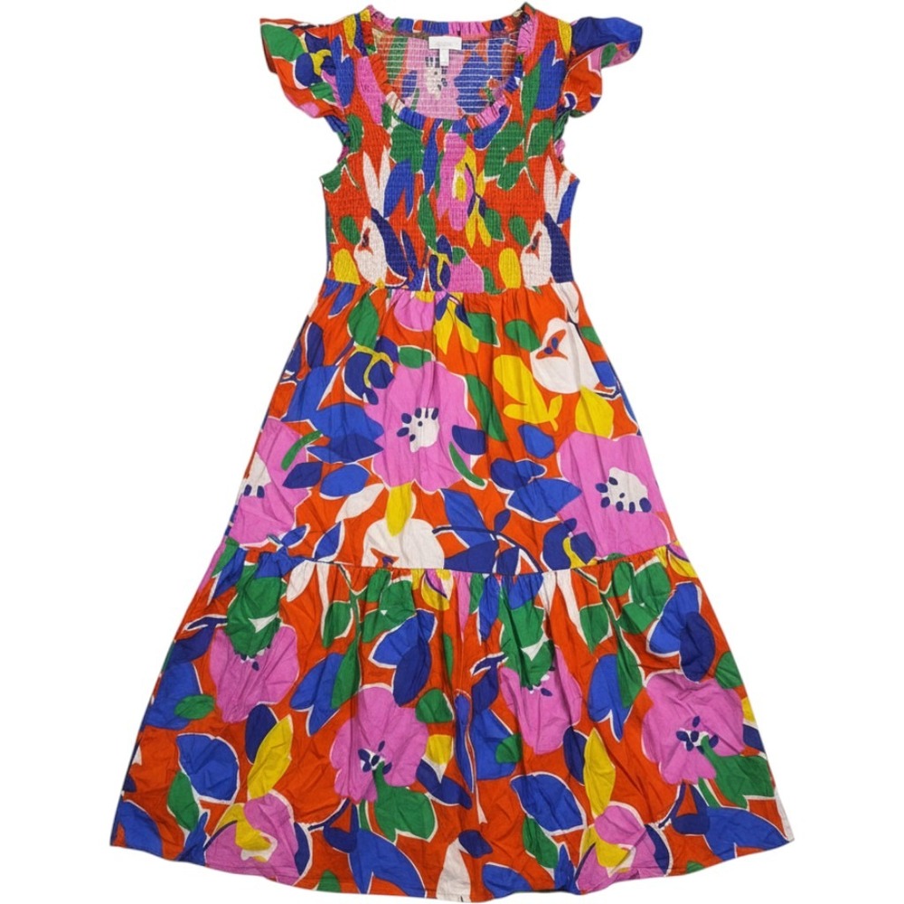 Sugarlips Floral Smocked Midi Dress Multi-Color Ruffle Sleeve Medium